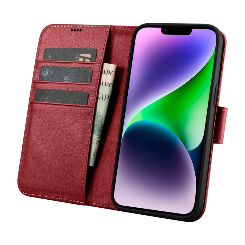 iCarer Wallet Case 2in1 funda con tapa de piel para iPhone 14 Plus, Anti-RFID, roja (WMI14220727-RD)