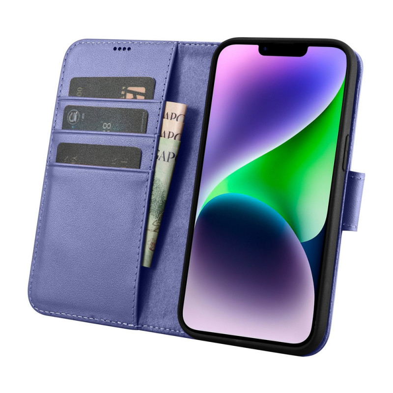 iCarer Wallet Case 2in1 funda con tapa de piel para iPhone 14 Plus, Anti-RFID, morada clara (WMI14220727-LP)