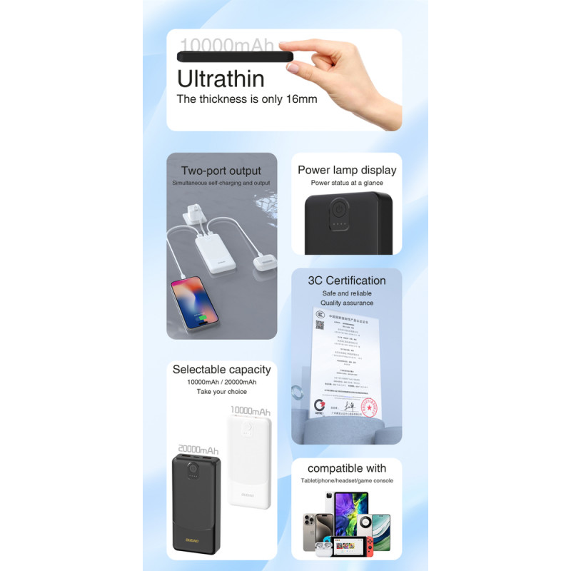 Batería externa Dudao K10 de 10000 mAh, 2 x USB-A, 2,4 A, blanca