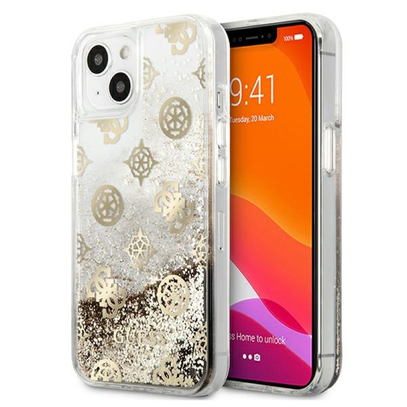 Guess GUHCP13SLGPEGO Funda rígida Apple iPhone 13 mini Peony Liquid Glitter, dorada