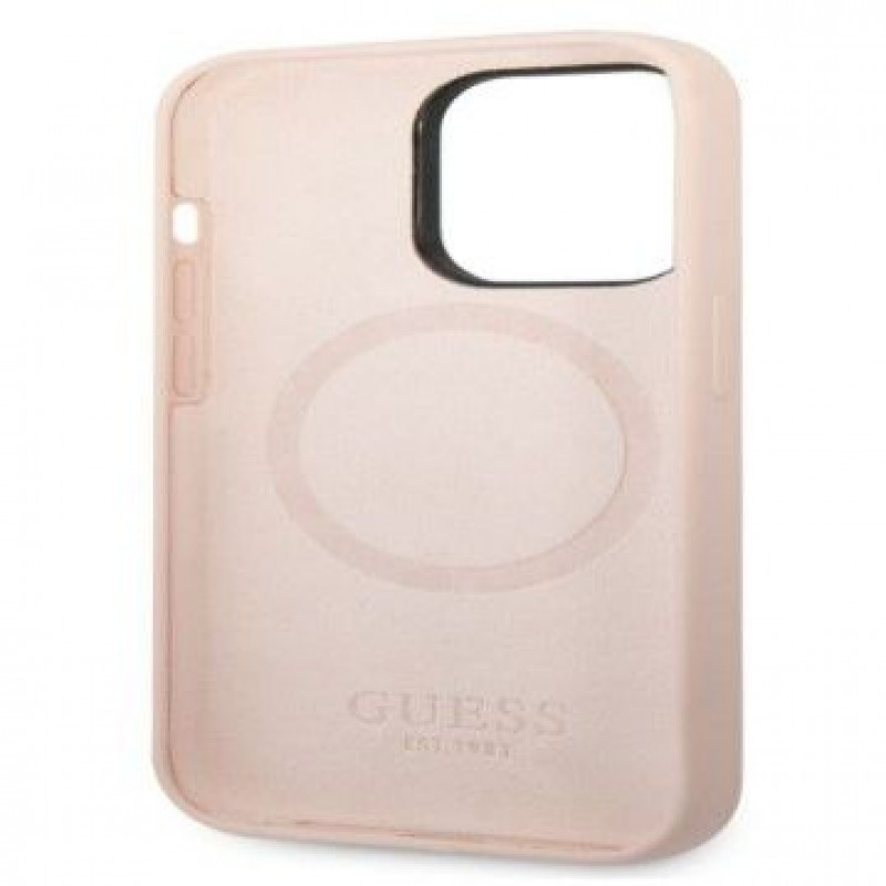 Funda compatible con MagSafe Guess de silicona con logo metálico para Apple iPhone 14 Pro, rosa