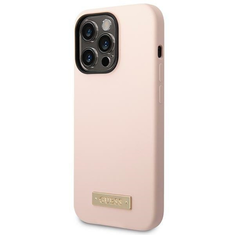 Funda compatible con MagSafe Guess de silicona con logo metálico para Apple iPhone 14 Pro, rosa