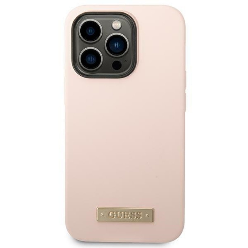 Funda compatible con MagSafe Guess de silicona con logo metálico para Apple iPhone 14 Pro, rosa