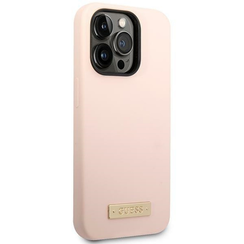 Funda compatible con MagSafe Guess de silicona con logo metálico para Apple iPhone 14 Pro, rosa