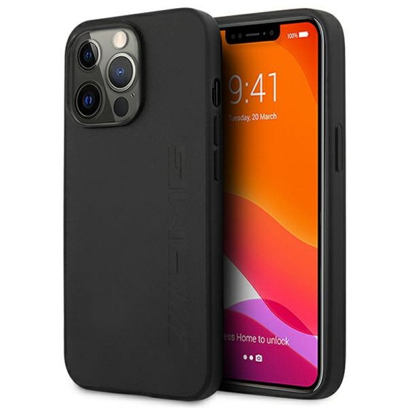 Mercedes-AMG AMHCP14LDOLBK Funda rígida para Apple iPhone 14 Pro, Leather Hot Stamped, negra