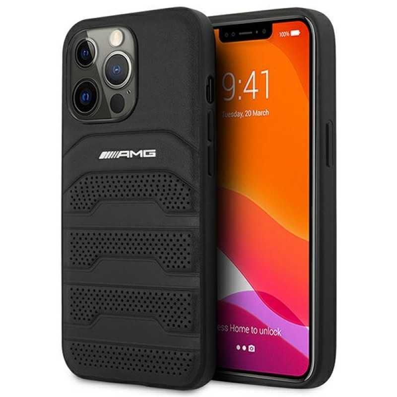 Mercedes-AMG AMHCP14LGSEBK Funda rígida para Apple iPhone 14 Pro, Leather Debossed Lines, negra