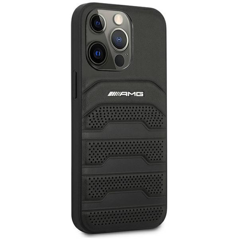 Mercedes-AMG AMHCP14LGSEBK Funda rígida para Apple iPhone 14 Pro, Leather Debossed Lines, negra