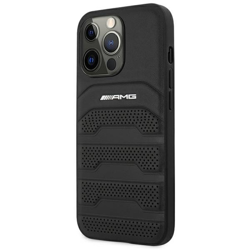 Mercedes-AMG AMHCP14XGSEBK Funda rígida para Apple iPhone 14 Pro Max, Leather Debossed Lines, negra