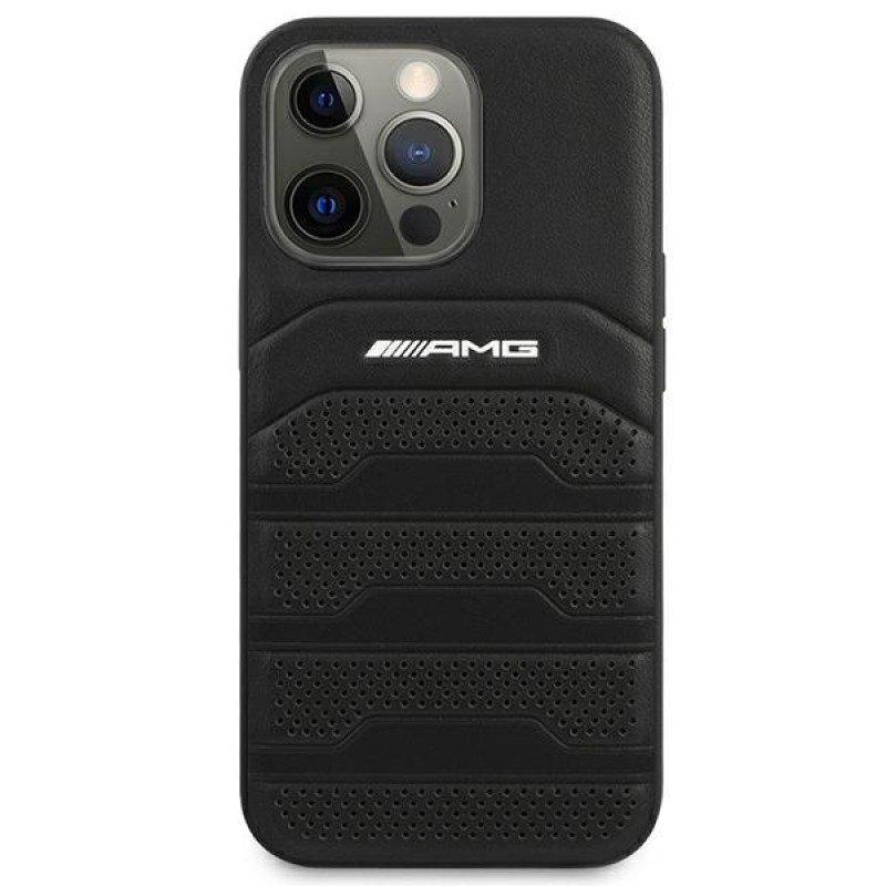 Mercedes-AMG AMHCP14XGSEBK Funda rígida para Apple iPhone 14 Pro Max, Leather Debossed Lines, negra