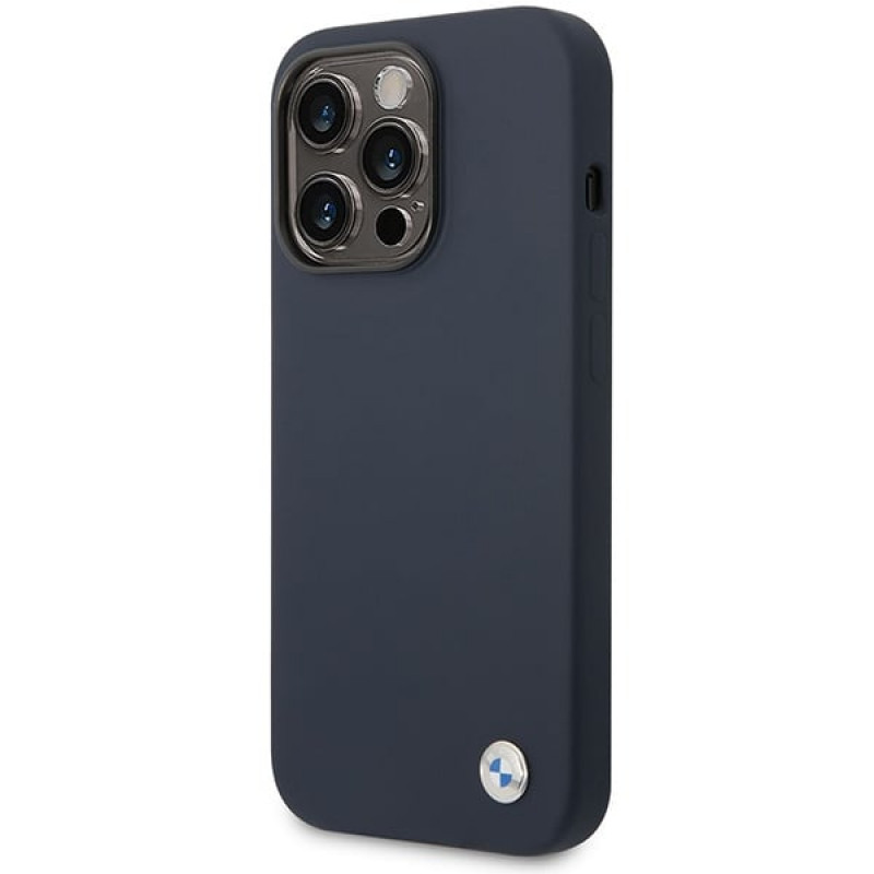 Funda BMW BMHMP14XSILNA para Apple iPhone 14 Pro Max, Silicona Metal Logo MagSafe, azul marino