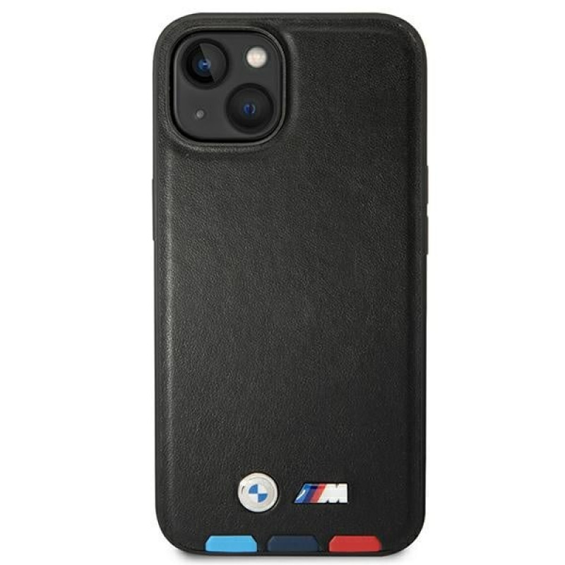 Funda BMW BMHMP14M22PTDK para Apple iPhone 14 Plus / 15 Plus, Leather Stamp Tricolor MagSafe, negra