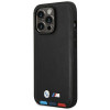 BMW BMHMP14L22PTDK Funda para Apple iPhone 14 Pro, Leather Stamp Tricolor MagSafe, negra