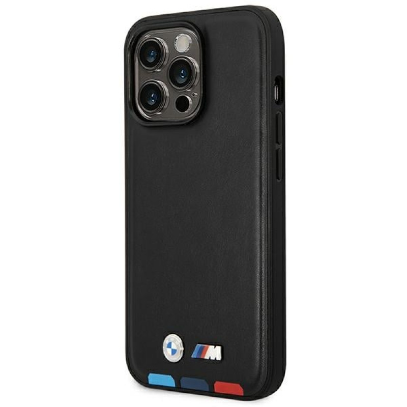 BMW BMHMP14L22PTDK Funda para Apple iPhone 14 Pro, Leather Stamp Tricolor MagSafe, negra