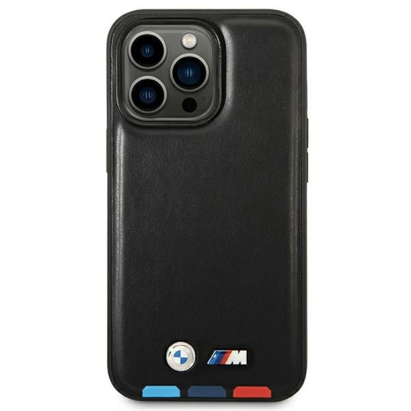 BMW BMHMP14L22PTDK Funda para Apple iPhone 14 Pro, Leather Stamp Tricolor MagSafe, negra