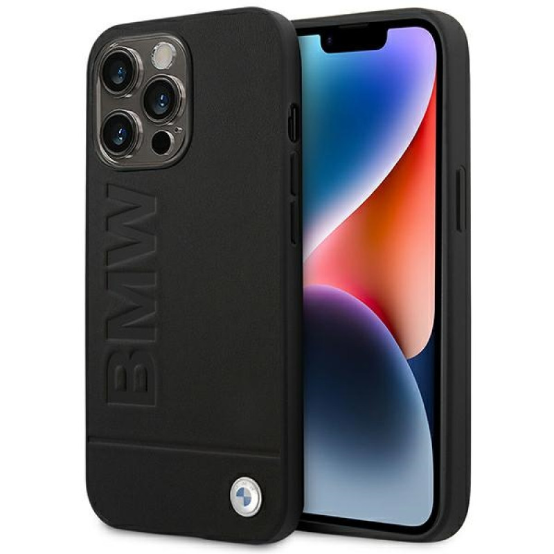 BMW BMHCP14LSLLBK Funda para Apple iPhone 14 Pro, Leather Stamp, negra