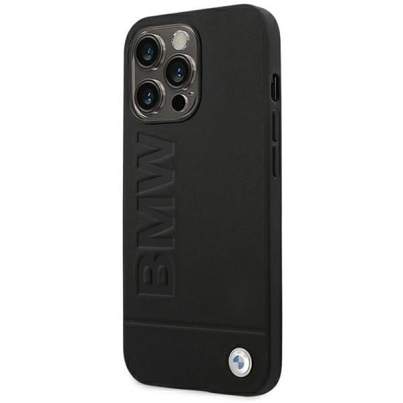 BMW BMHCP14LSLLBK Funda para Apple iPhone 14 Pro, Leather Stamp, negra