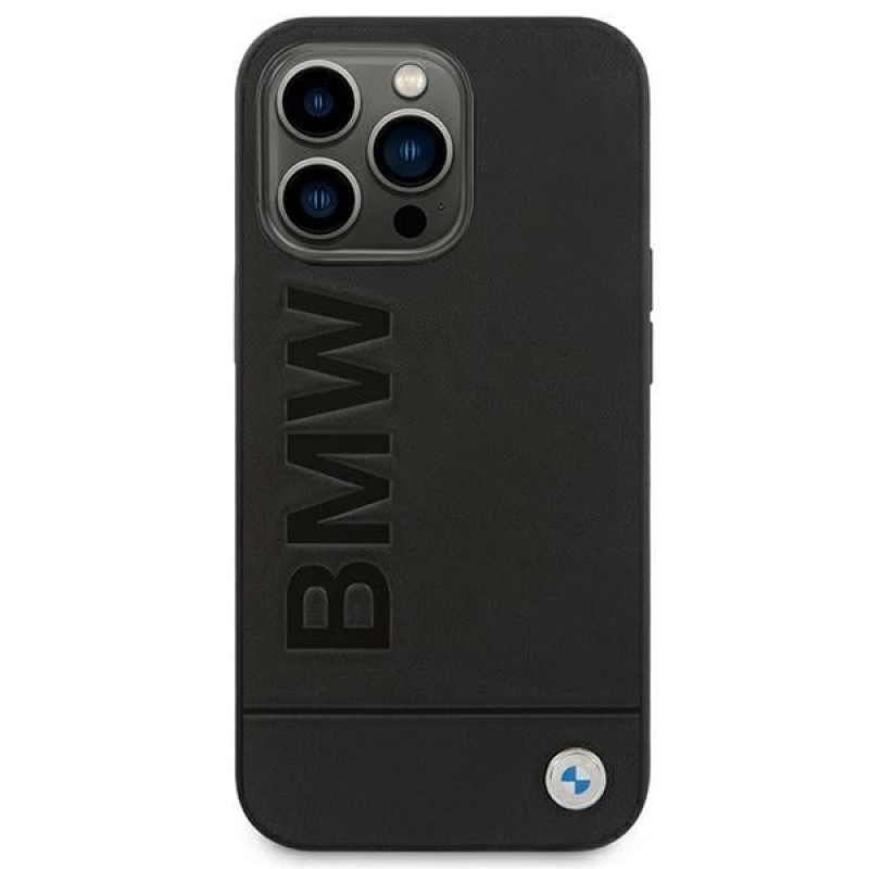 BMW BMHCP14LSLLBK Funda para Apple iPhone 14 Pro, Leather Stamp, negra