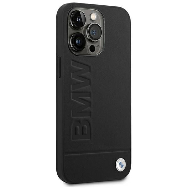 BMW BMHCP14LSLLBK Funda para Apple iPhone 14 Pro, Leather Stamp, negra