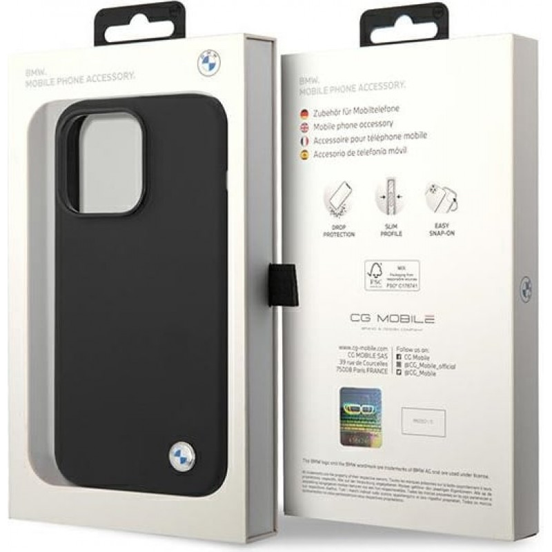 Funda rígida BMW BMHCP14XSILBK Silicone Metal Logo para Apple iPhone 14 Pro Max 6.7", negra