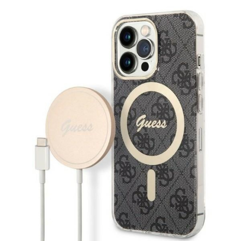 Guess GUBPP13LH4EACSK Conjunto funda + cargador inalámbrico para Apple iPhone 13 Pro, funda rígida negra 4G Print MagSafe