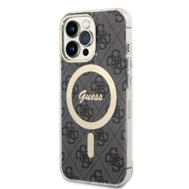 Guess GUBPP13LH4EACSK Conjunto funda + cargador inalámbrico para Apple iPhone 13 Pro, funda rígida negra 4G Print MagSafe