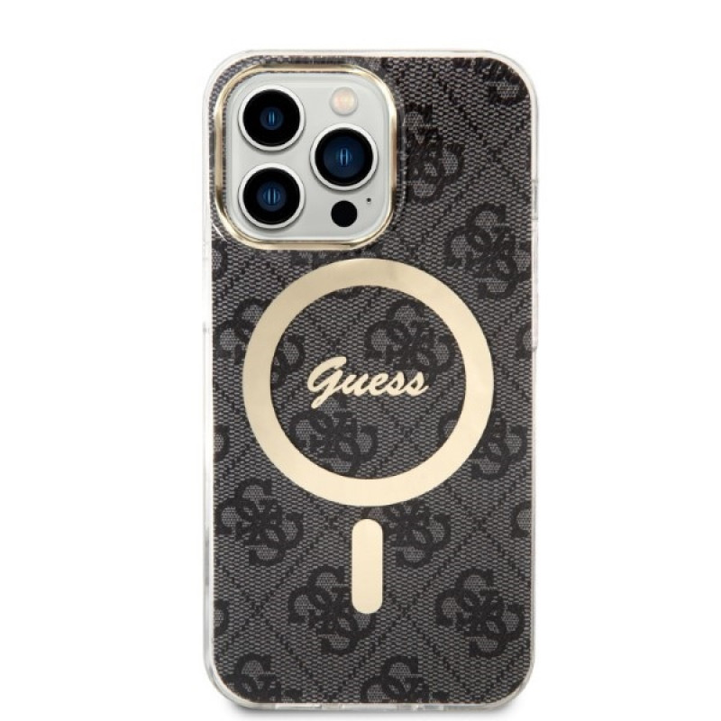 Guess GUBPP13LH4EACSK Conjunto funda + cargador inalámbrico para Apple iPhone 13 Pro, funda rígida negra 4G Print MagSafe