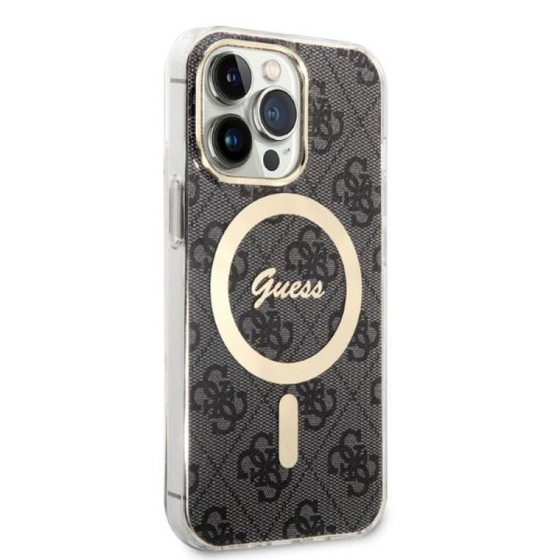 Guess GUBPP13LH4EACSK Conjunto funda + cargador inalámbrico para Apple iPhone 13 Pro, funda rígida negra 4G Print MagSafe