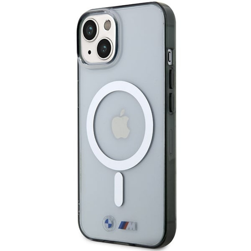 Funda rígida BMW BMHMP14MHCRS Silver Ring MagSafe para Apple iPhone 14 Plus / 15 Plus, transparente
