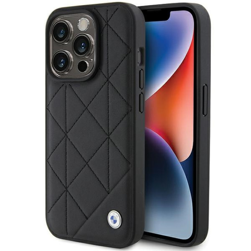 Funda acolchada de piel BMW BMHCP15X22RQDK para Apple iPhone 15 Pro Max, negra