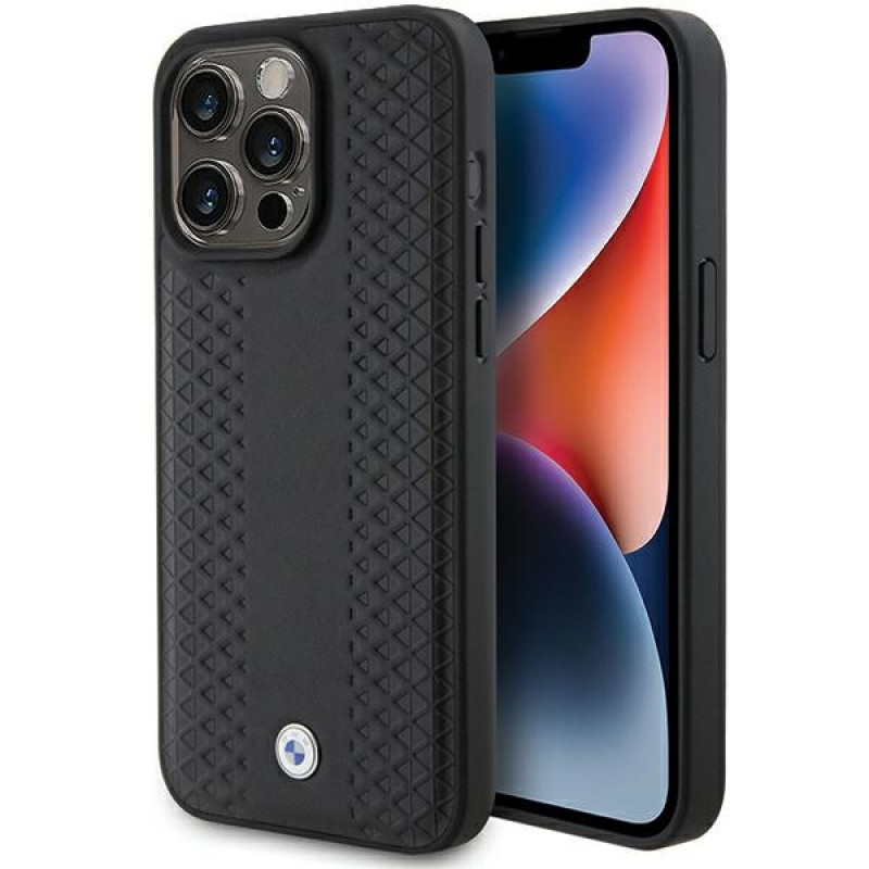 Funda BMW BMHCP15L22RFGK Leather Diamond Pattern para Apple iPhone 15 Pro, negra
