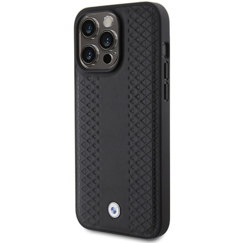 Funda BMW BMHCP15L22RFGK Leather Diamond Pattern para Apple iPhone 15 Pro, negra