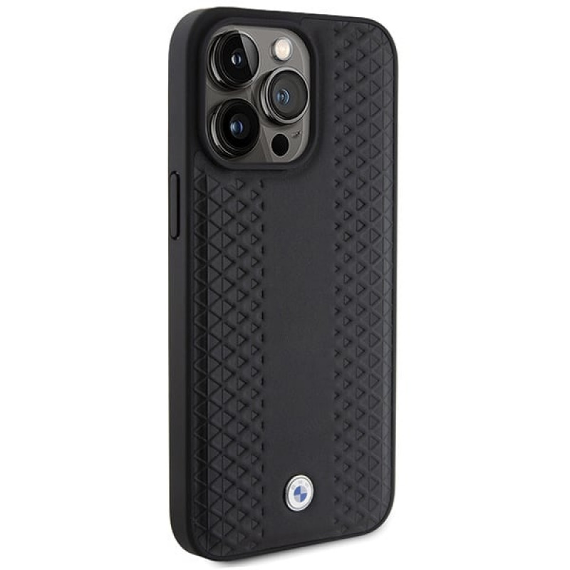 Funda BMW BMHCP15L22RFGK Leather Diamond Pattern para Apple iPhone 15 Pro, negra