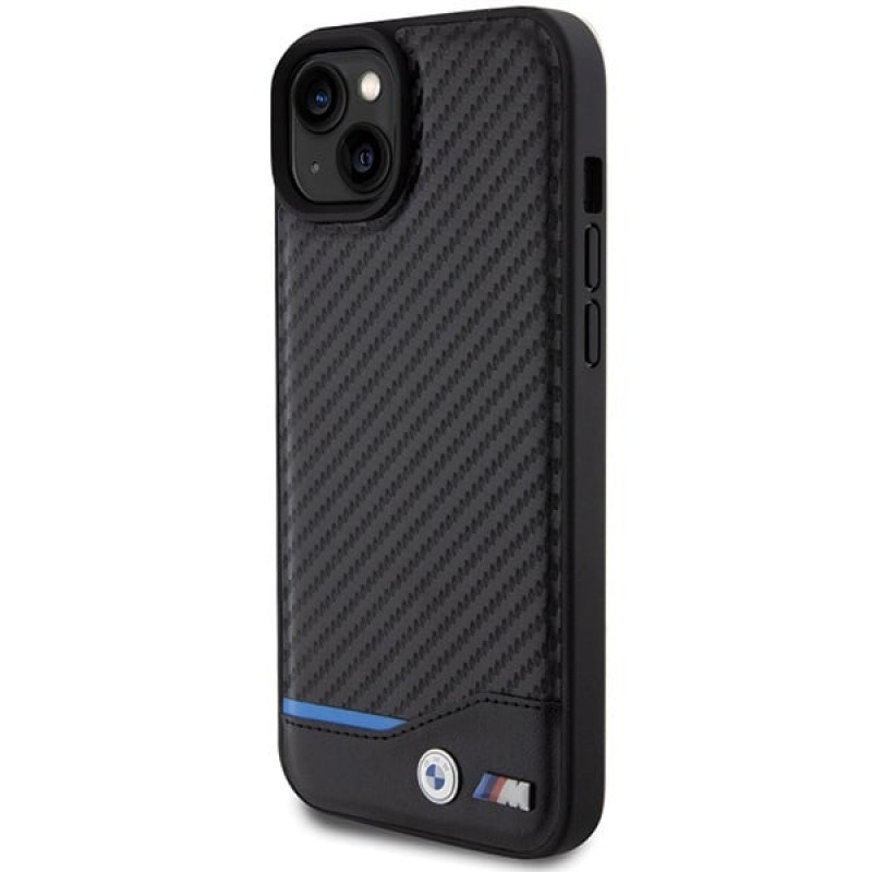 Funda rígida BMW BMHCP15M22NBCK Leather Carbon para Apple iPhone 15 Plus / 14 Plus, negra