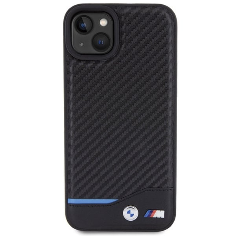 Funda rígida BMW BMHCP15M22NBCK Leather Carbon para Apple iPhone 15 Plus / 14 Plus, negra