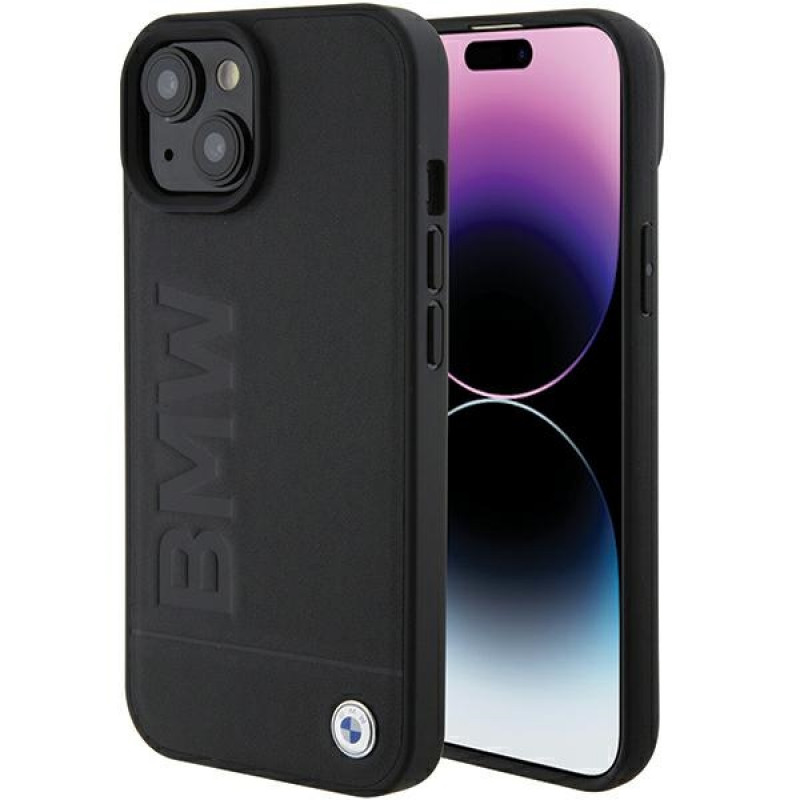 Funda MagSafe Leather Hot Stamp BMW BMHMP15MSLLBK para Apple iPhone 15 Plus / 14 Plus, negra