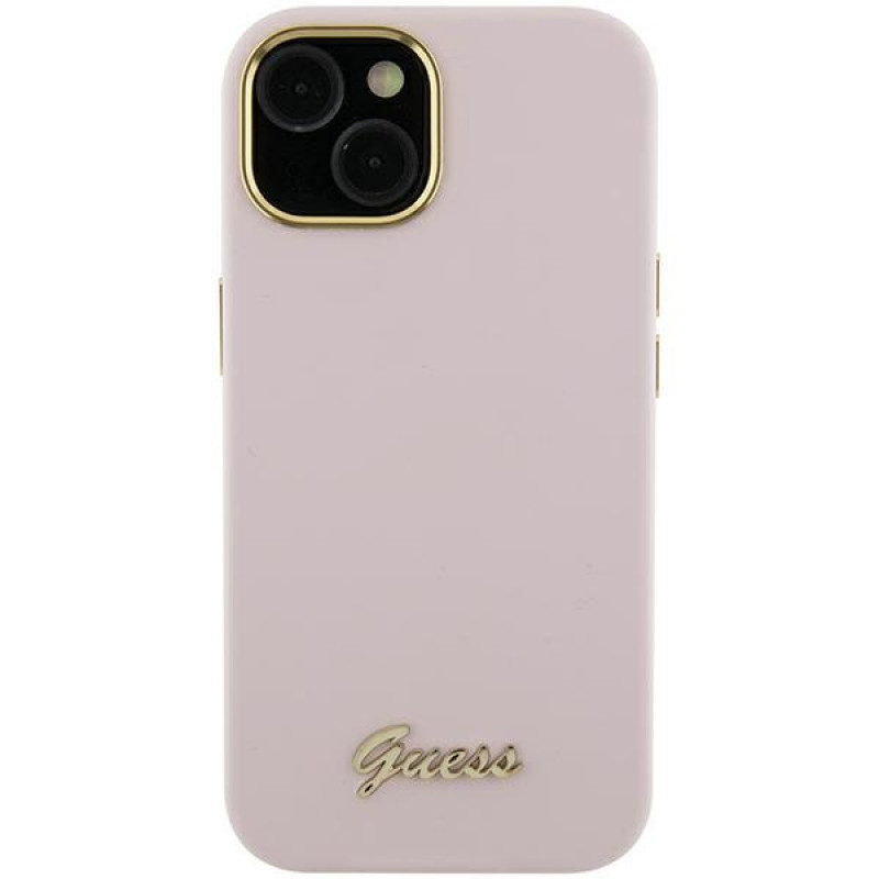 Funda rígida Guess GUHCP15XSMBSLP Silicone Script Metal Logo & Frame para Apple iPhone 15 Pro Max, rosa