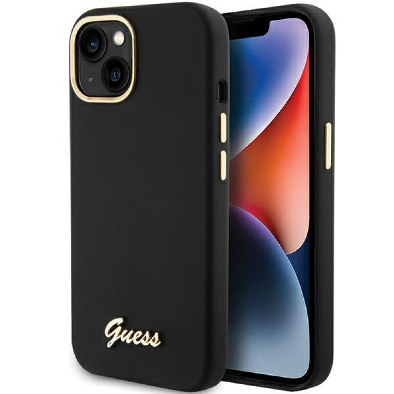 Funda rígida Guess GUHCP15SSMBSLK Silicone Script Metal Logo & Frame para Apple iPhone 15 / 14 / 13, negra