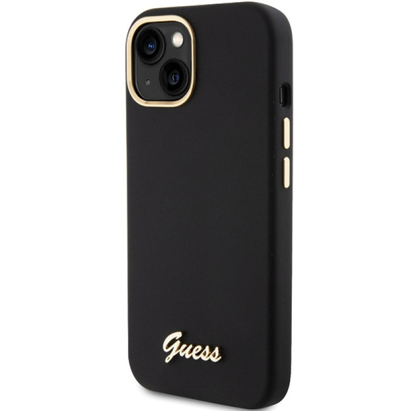 Funda rígida Guess GUHCP15SSMBSLK Silicone Script Metal Logo & Frame para Apple iPhone 15 / 14 / 13, negra