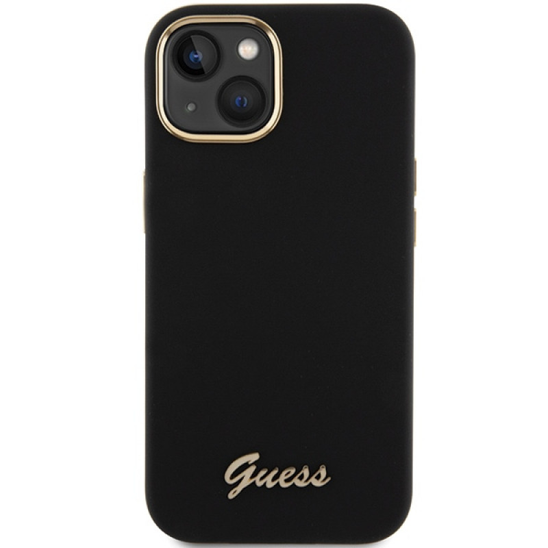 Funda rígida Guess GUHCP15SSMBSLK Silicone Script Metal Logo & Frame para Apple iPhone 15 / 14 / 13, negra