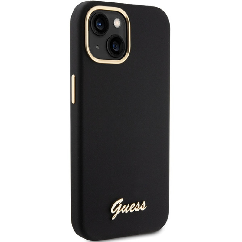 Funda rígida Guess GUHCP15SSMBSLK Silicone Script Metal Logo & Frame para Apple iPhone 15 / 14 / 13, negra