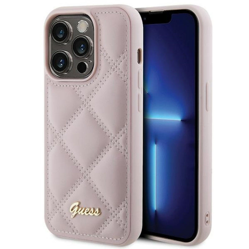 Funda rígida Guess GUHCP15LPSQSQSP Quilted Metal Logo para Apple iPhone 15 Pro, rosa