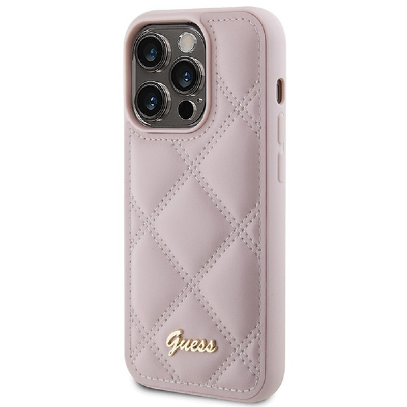 Funda rígida Guess GUHCP15LPSQSQSP Quilted Metal Logo para Apple iPhone 15 Pro, rosa