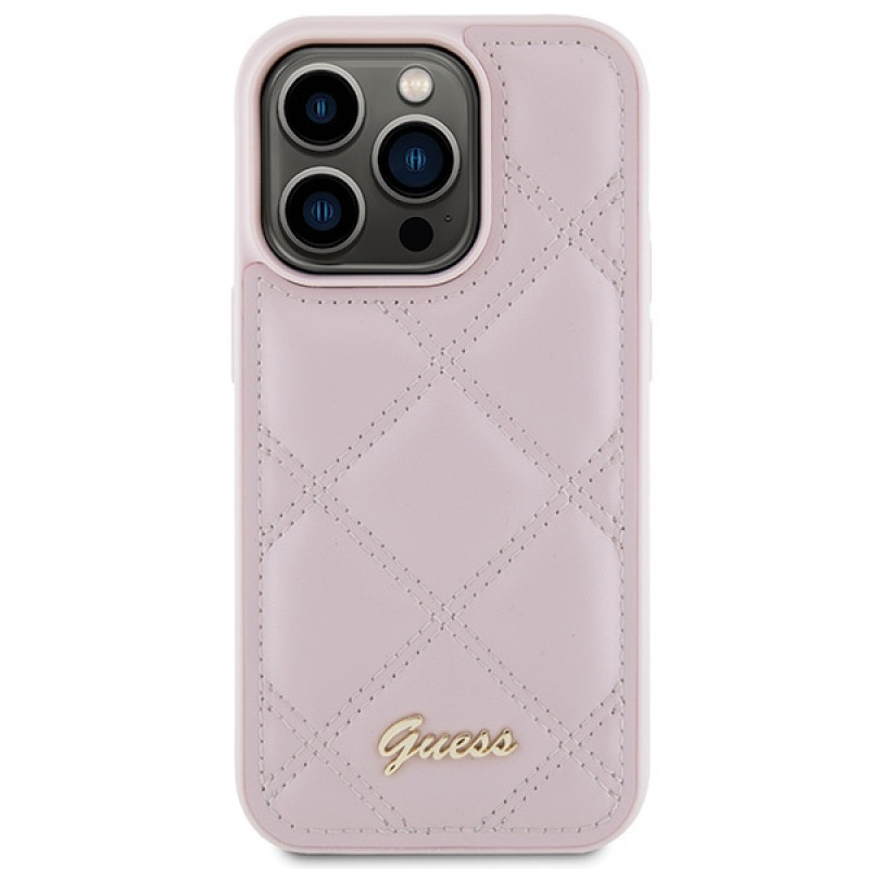 Funda rígida Guess GUHCP15LPSQSQSP Quilted Metal Logo para Apple iPhone 15 Pro, rosa