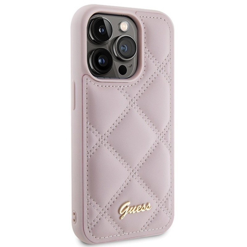 Funda rígida Guess GUHCP15LPSQSQSP Quilted Metal Logo para Apple iPhone 15 Pro, rosa