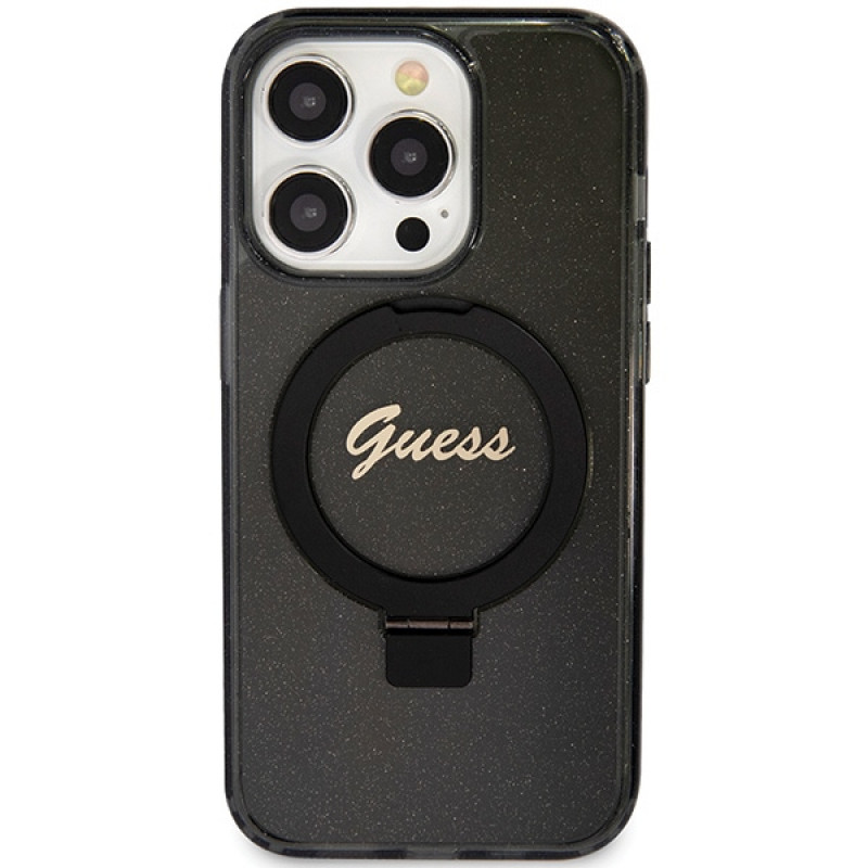 Funda rígida Guess GUHMP15LHRSGSK Ring Stand Script Glitter MagSafe para Apple iPhone 15 Pro, negra