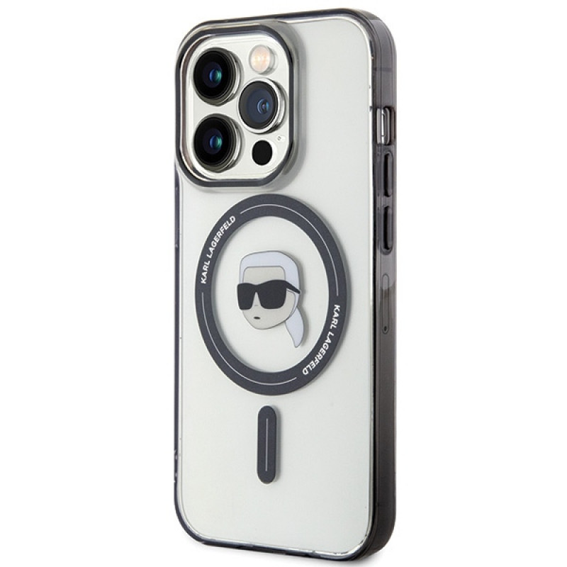 Karl Lagerfeld KLHMP15LHKHNOTK IML Funda rígida MagSafe Karl's Head para Apple iPhone 15 Pro, transparente