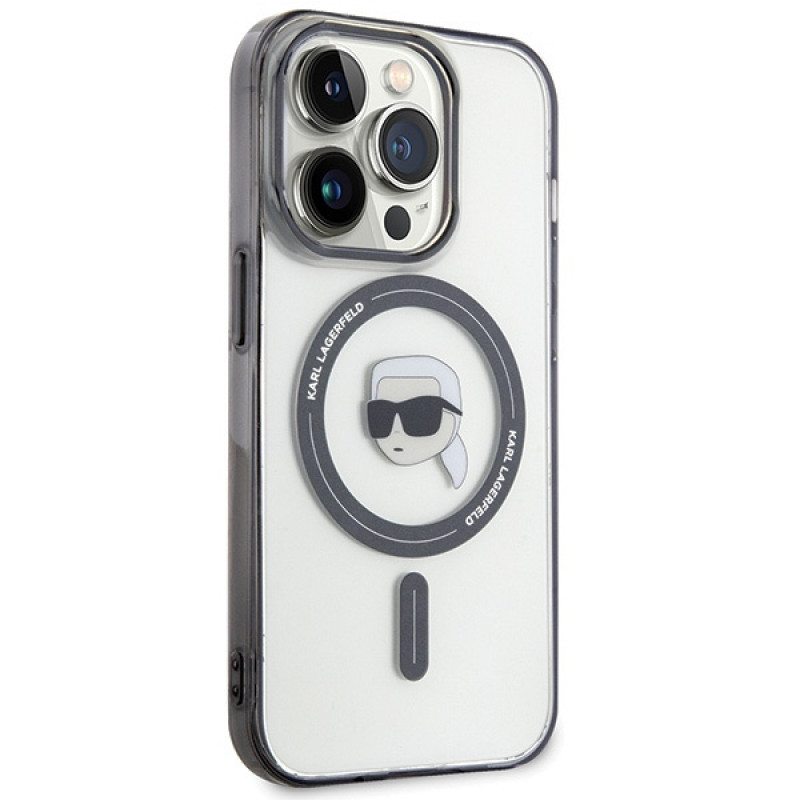 Karl Lagerfeld KLHMP15LHKHNOTK IML Funda rígida MagSafe Karl's Head para Apple iPhone 15 Pro, transparente