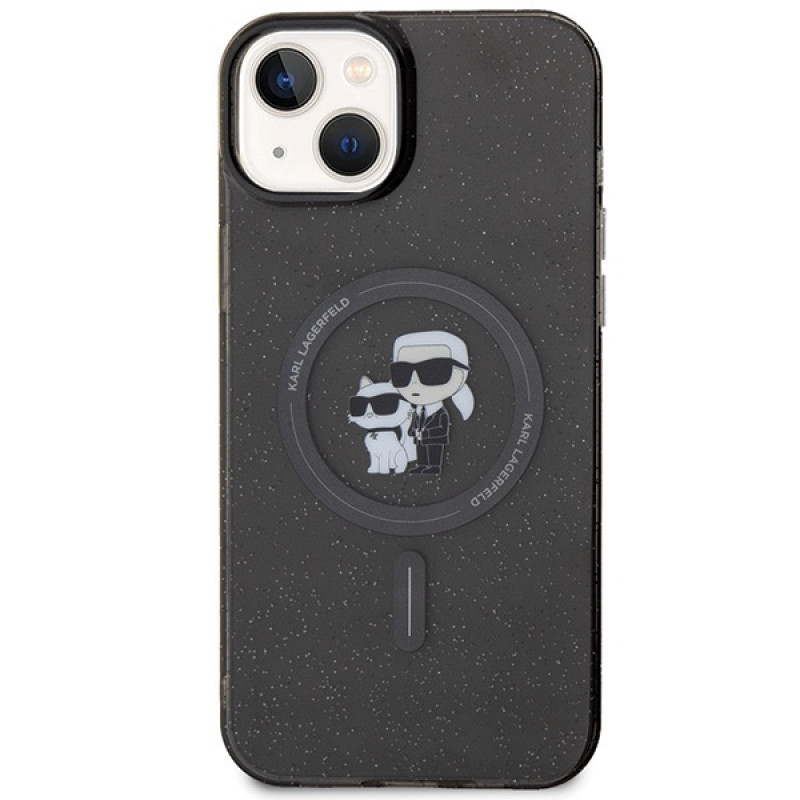 Funda rígida MagSafe Glitter Karl&Choupette Karl Lagerfeld KLHMP15SHGKCNOK para Apple iPhone 15, negra