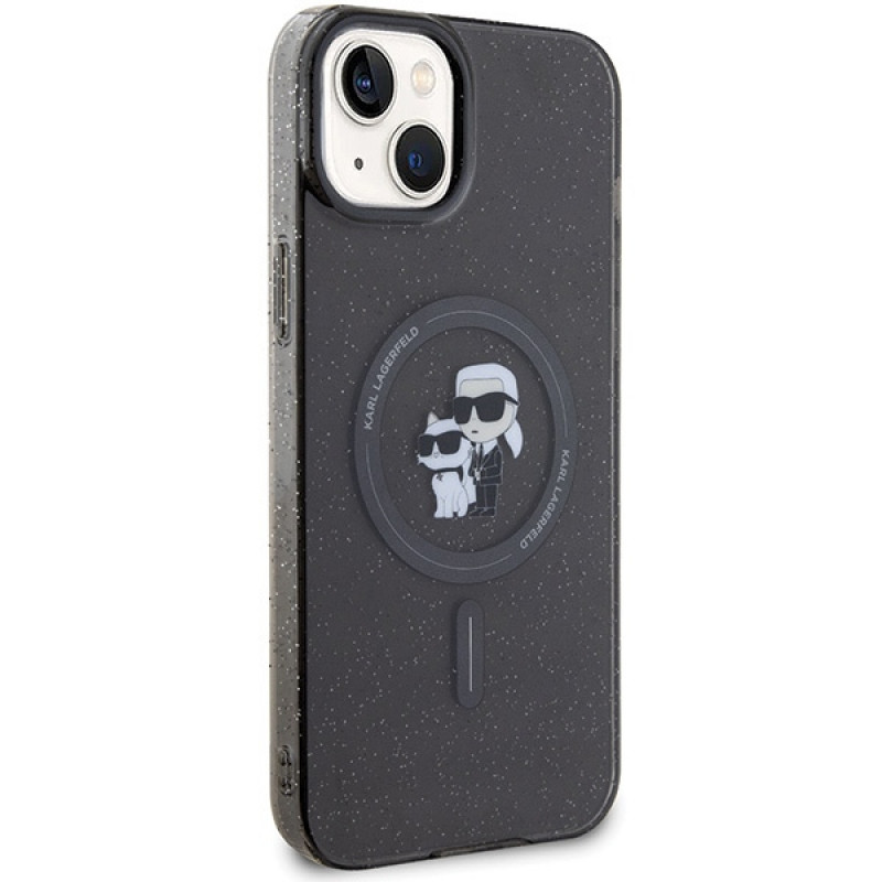 Funda rígida MagSafe Glitter Karl&Choupette Karl Lagerfeld KLHMP15SHGKCNOK para Apple iPhone 15, negra