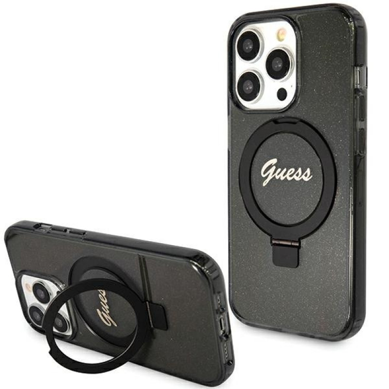 Funda rígida Guess GUHMP15XHRSGSK Ring Stand Script Glitter MagSafe para Apple iPhone 15 Pro Max, negra